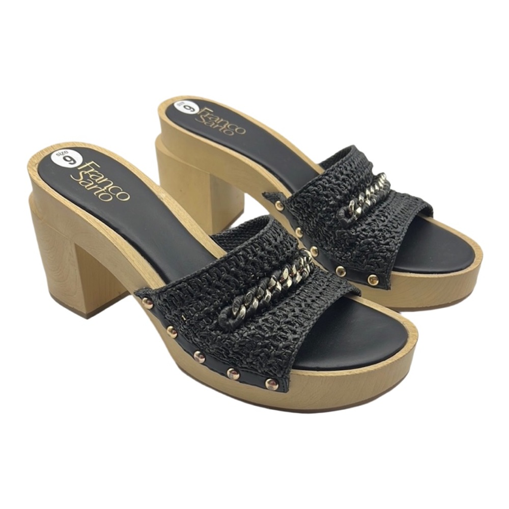 Franco Sartoβ Sz 9 Capri Clog Black Cream Heels Chunky Block Heel NEW